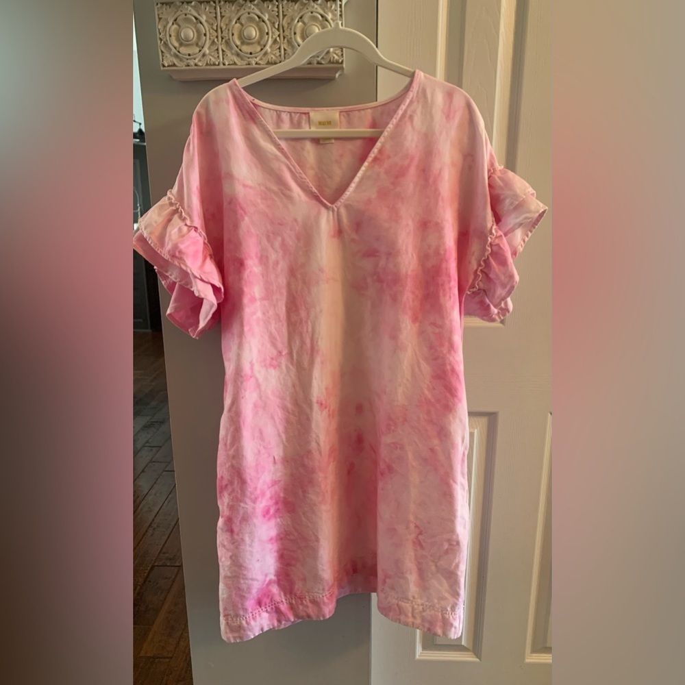 Maeve Tie-Dye Pink Ruffle Sleeve Dress - Size L